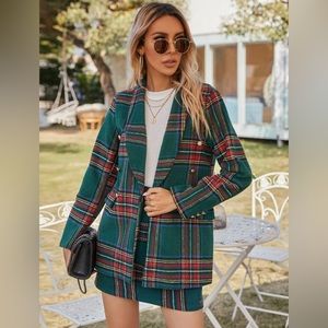 Tartan Shawl Collar Double Breasted Blazer